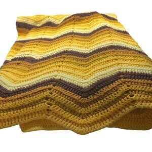 VTG Handmade MCM 70's Crochet Chevron Blanket Yellow Brown Zigzag